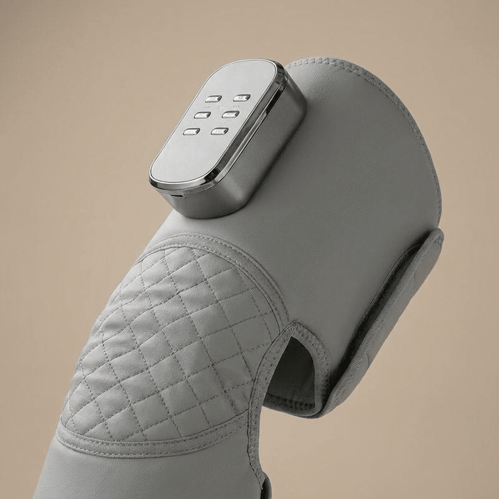Grey leg massager sleeve wrapped around a calf, close-up