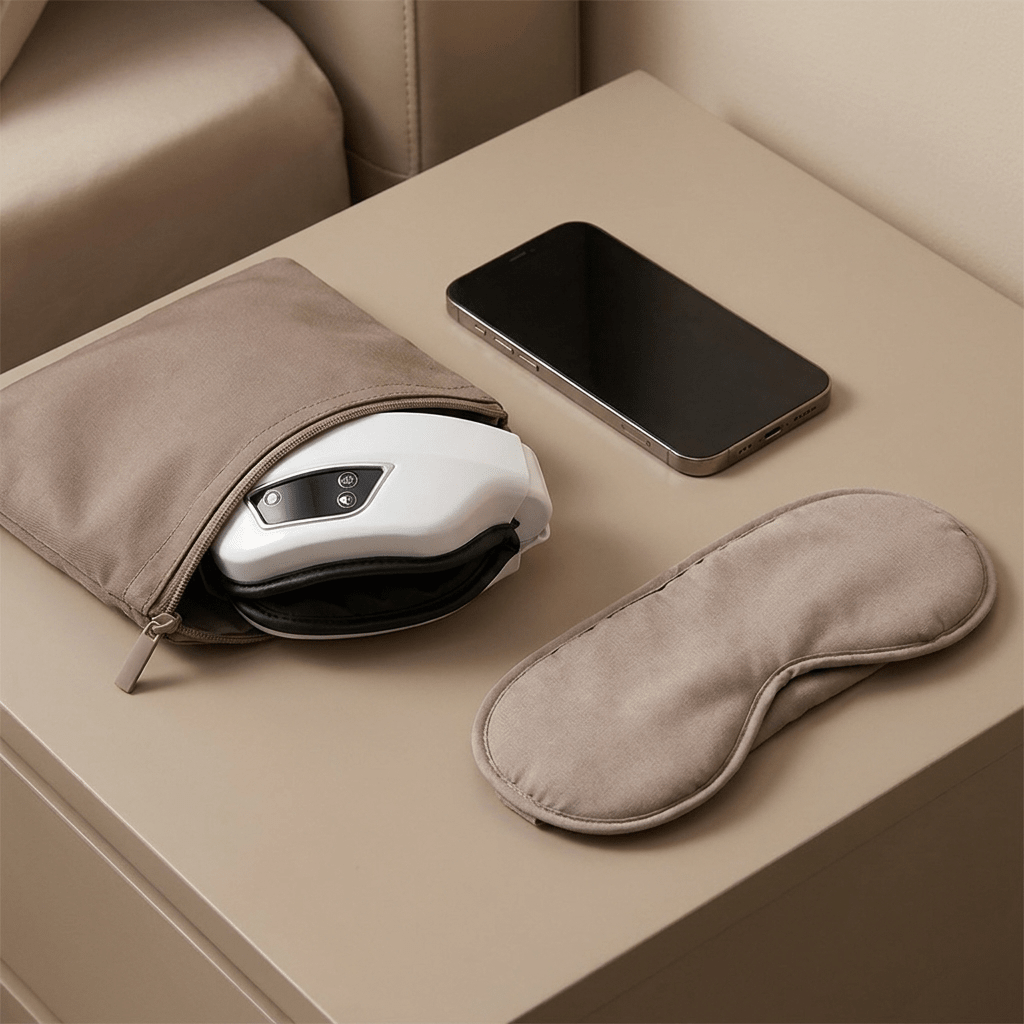 White eye massager device resting on a nightstand next to a folded sleep mask