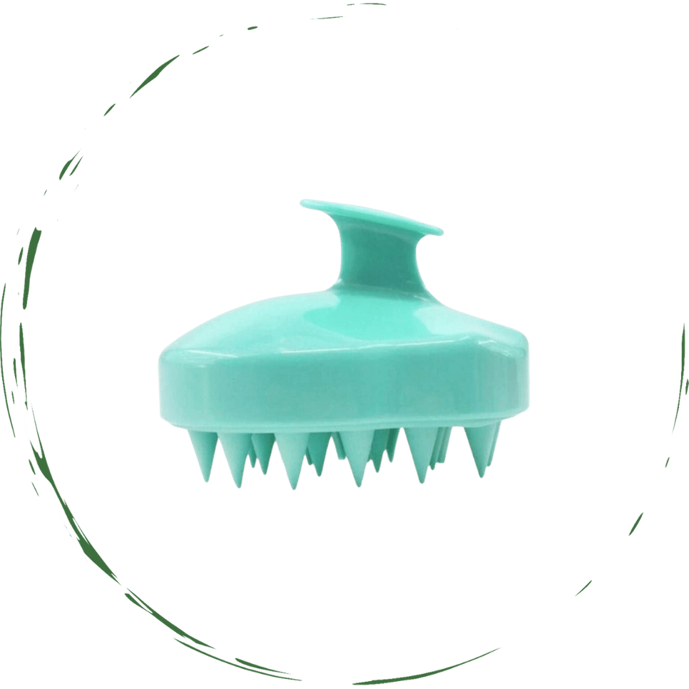 Teal silicone scalp massager brush, side view inside a circular frame