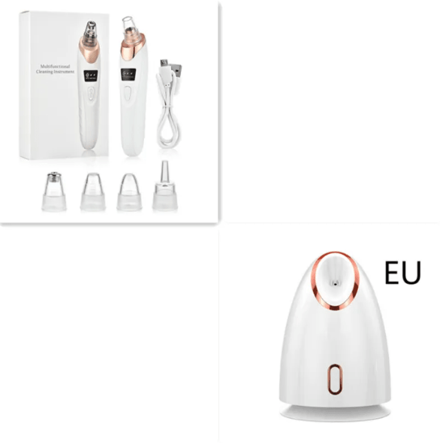 Pore vacuum cleanser device, charging dock, and EU plug adapter shown together