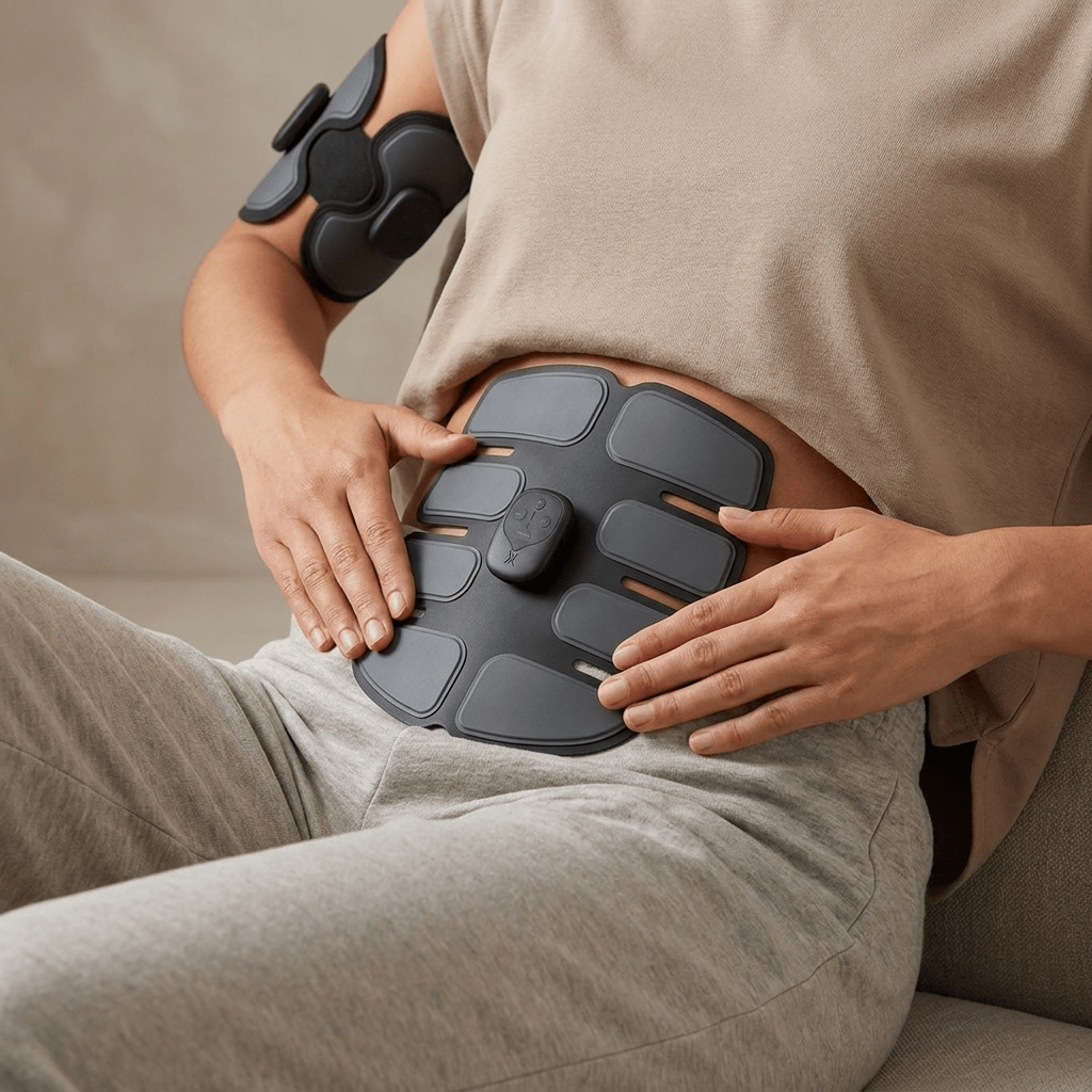 Person using an EMS muscle stimulator device on their abdomen