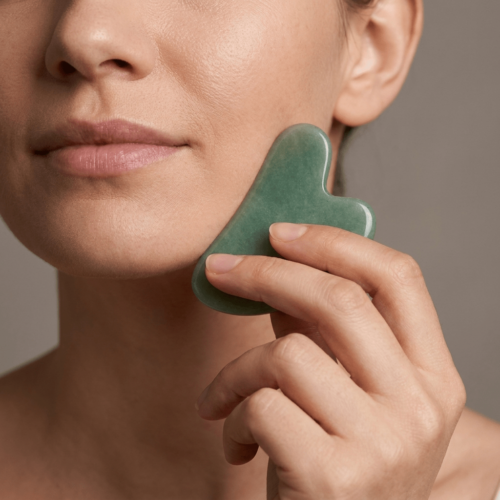 Close-up of a woman using a jade gua sha stone on her cheek