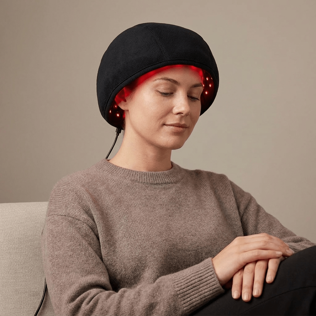 Woman wearing a laser hair growth cap with visible red LED lights, sitting relaxed on a sofa