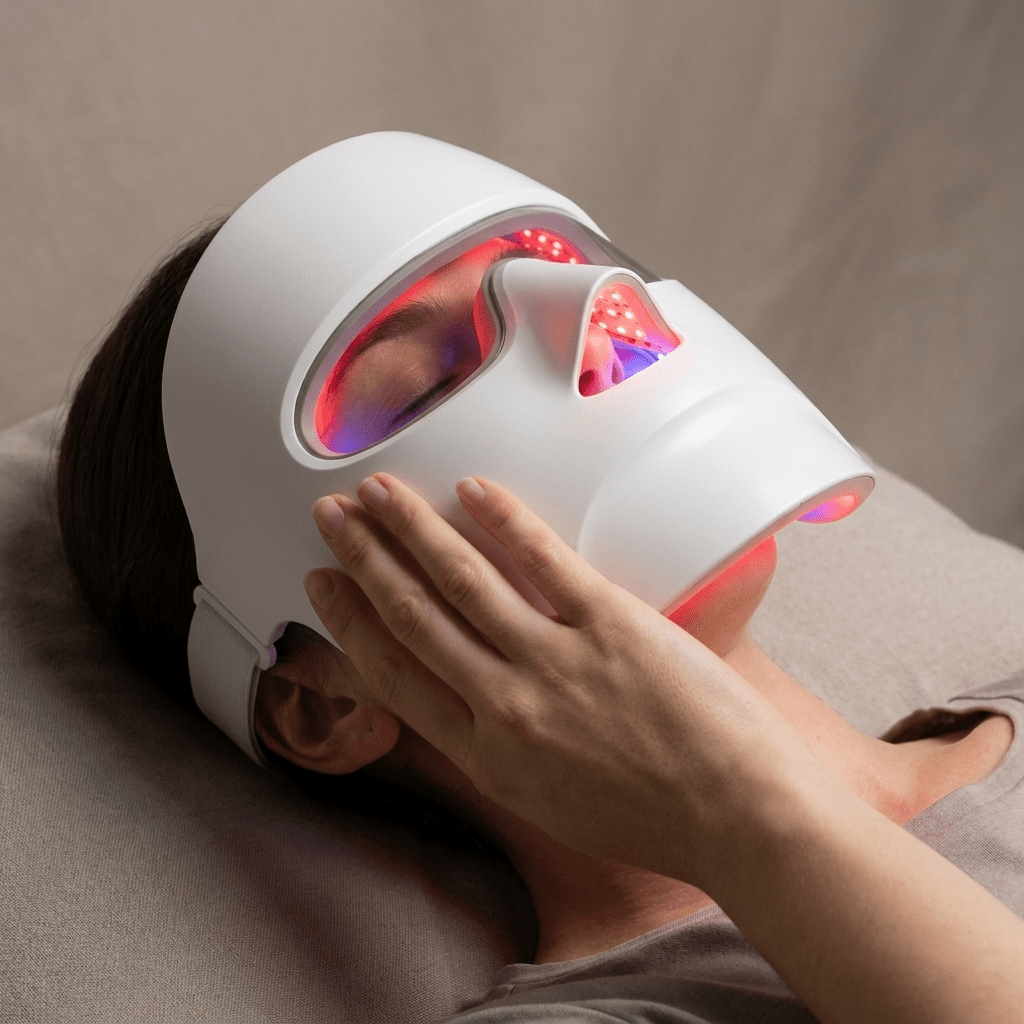 Woman lying back wearing a white LED face mask with visible red light therapy panels