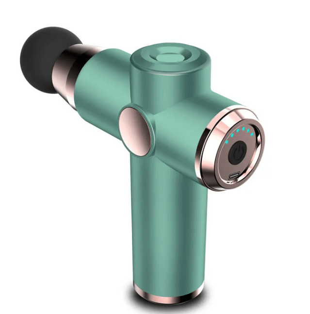 Teal massage gun with digital display, side angle