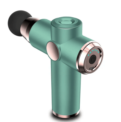 Teal massage gun with digital display, side angle