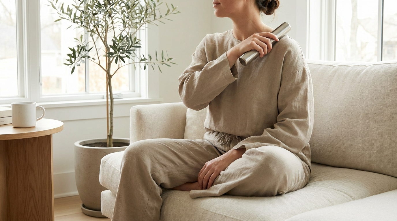 Person relaxing at home using a Nourva relief device