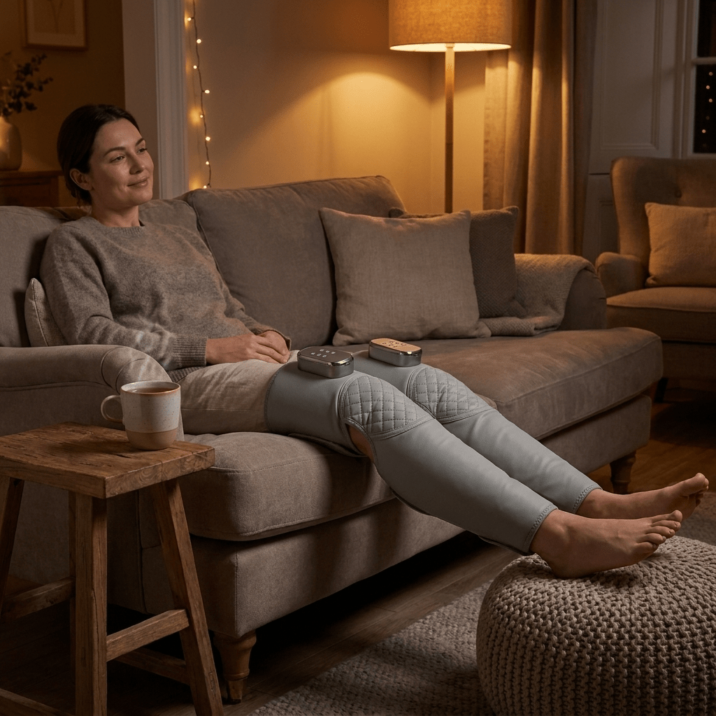 Woman relaxing on a sofa with a grey leg massager wrapped around her leg in a lamp-lit room