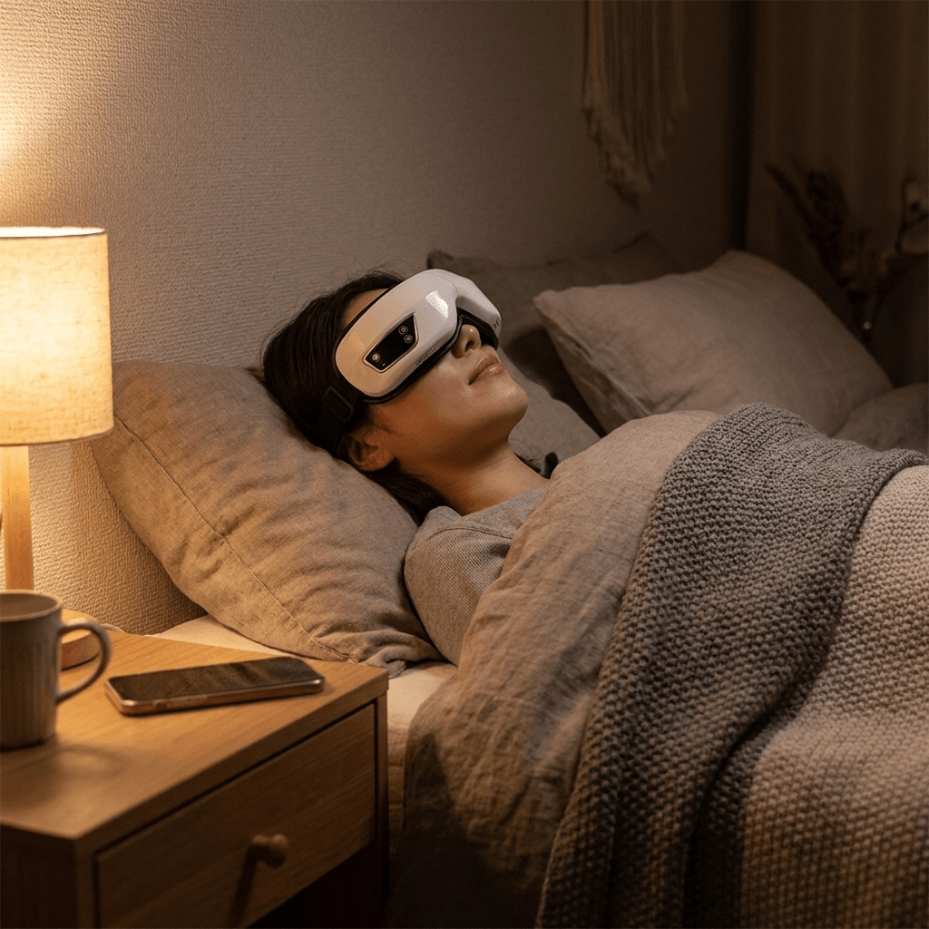 Woman lying in bed at night wearing a black eye massager, bedside lamp and coffee cup nearby