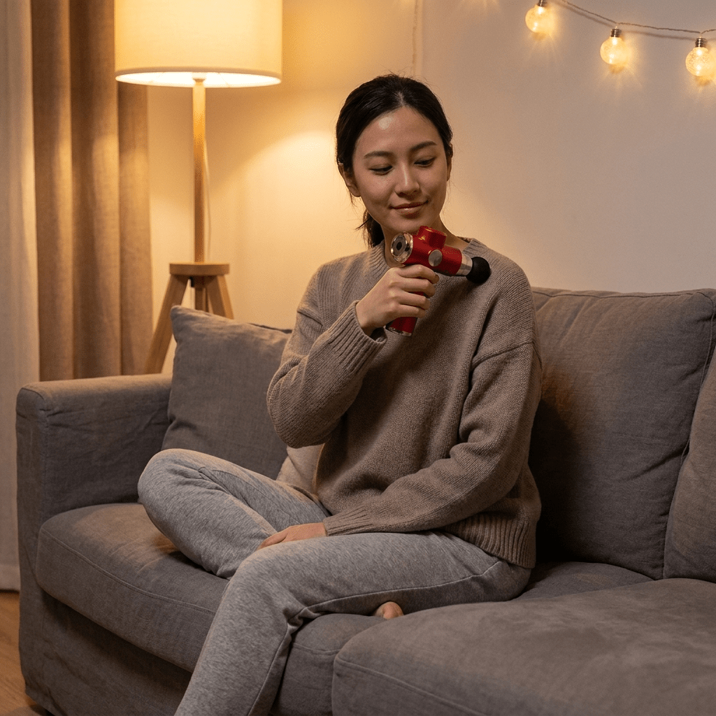 Woman sitting on a sofa using a red massage gun on her shoulder in a dimly lit room