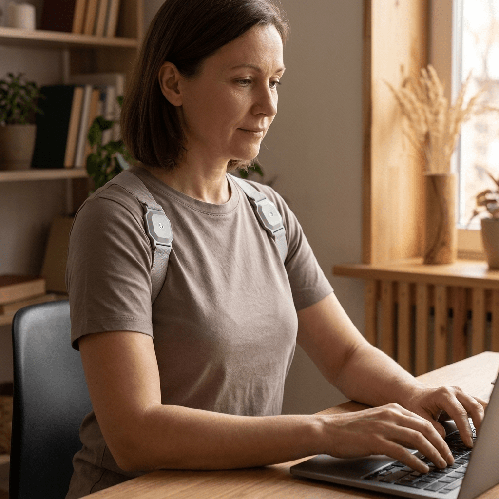 Woman sitting upright at a desk wearing the grey posture corrector over her shoulders while using a laptop