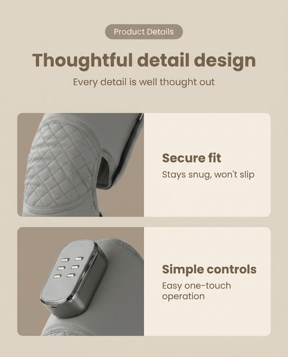Close-up details of the leg massager showing secure fit and simple one-touch controls
