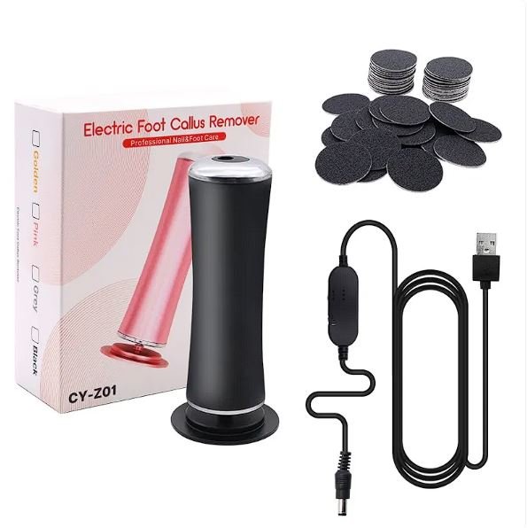 Contents of the electric foot callus remover kit: black device, charging cable, and replacement grinding discs, shown against the packaging