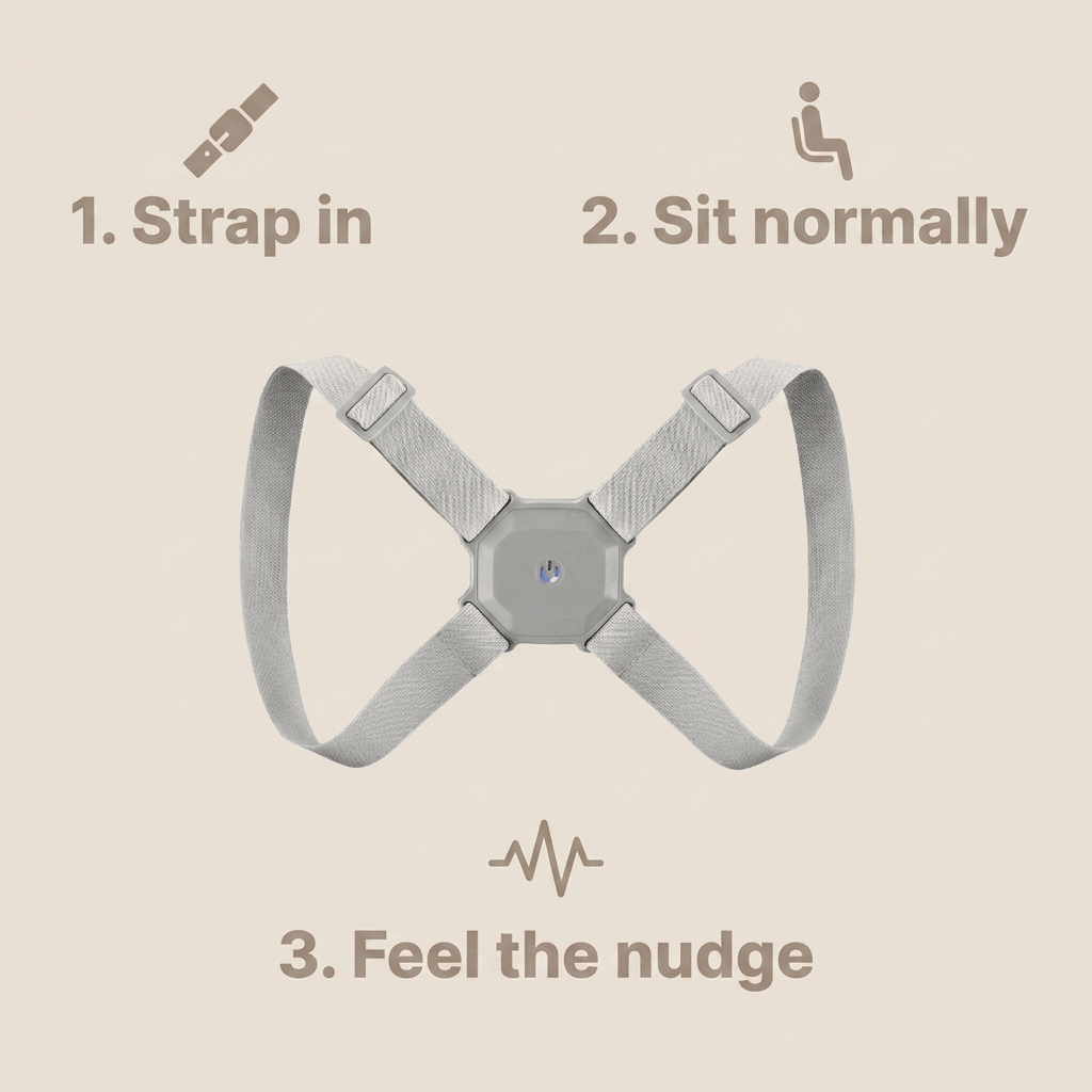 Posture corrector usage steps: strap in, sit normally, feel the nudge
