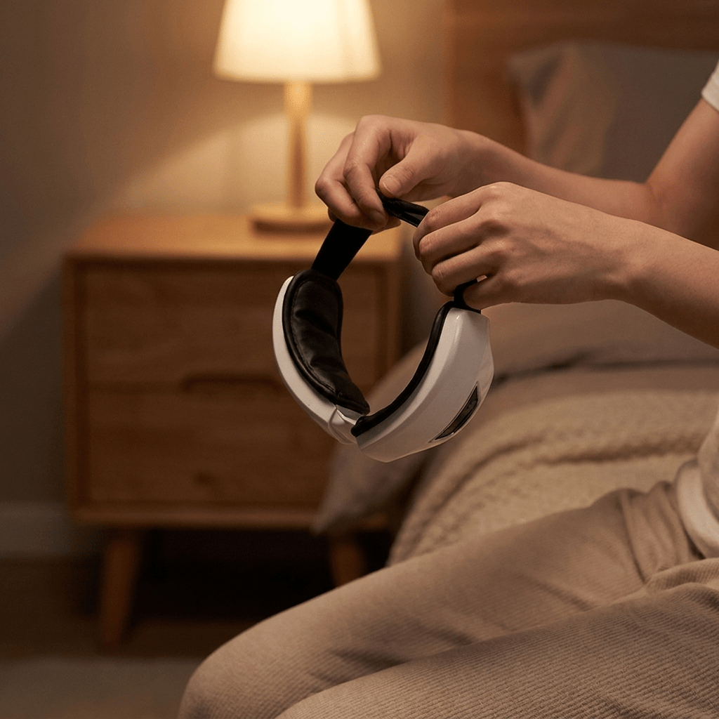 Close-up of a woman's hands adjusting the black eye massager while wearing it