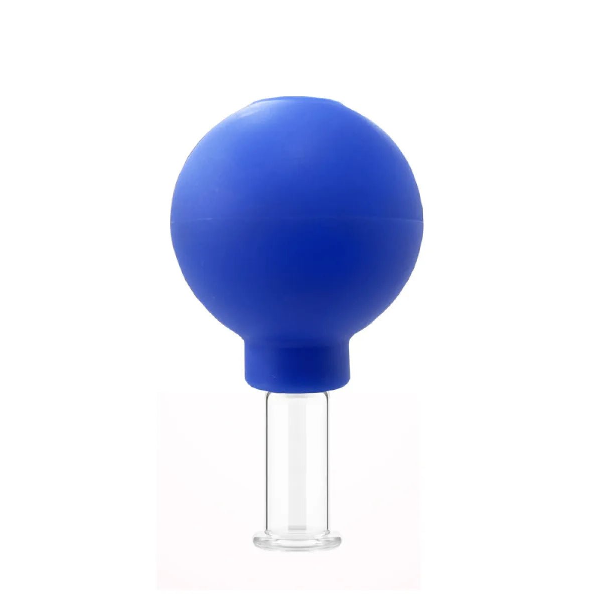 Blue silicone cupping tool with glass base, standing upright