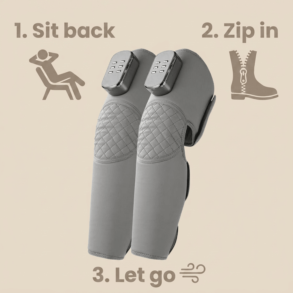 Leg massager usage steps: sit back, zip in, let go