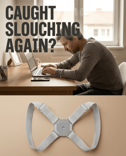 Man slouching at a desk with laptop, text overlay "Caught slouching again?" above a grey figure-8 posture corrector strap