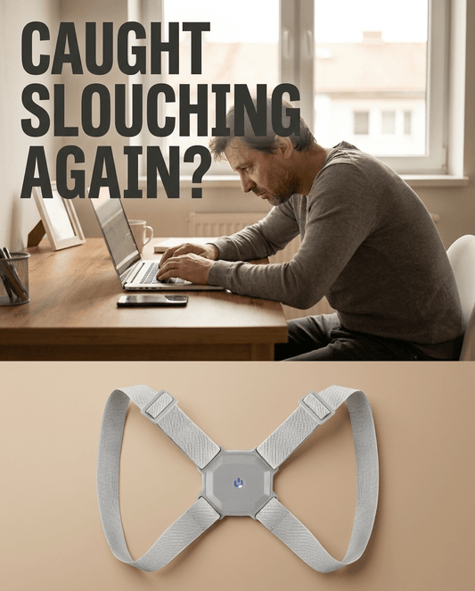 Man slouching at a desk with laptop, text overlay "Caught slouching again?" above a grey figure-8 posture corrector strap