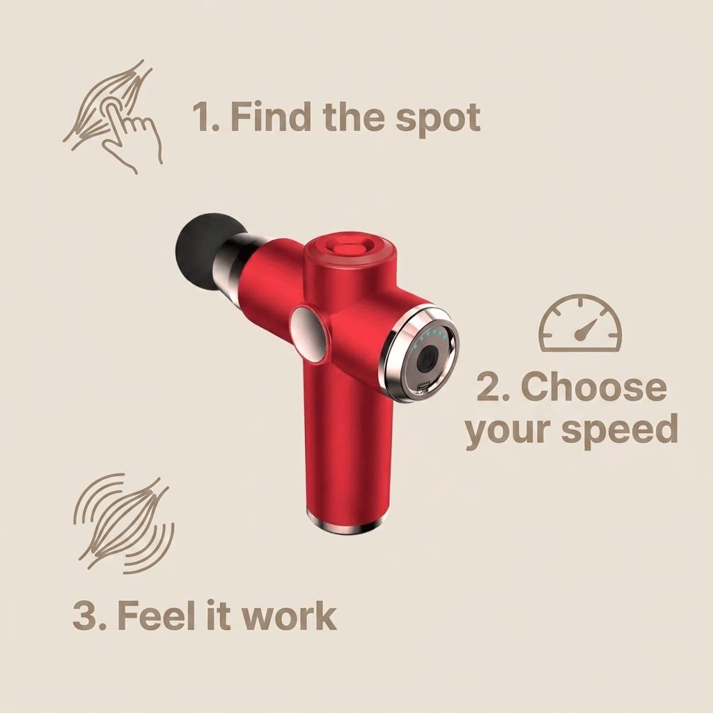 Massage gun usage steps: find the spot, choose your speed, feel it work