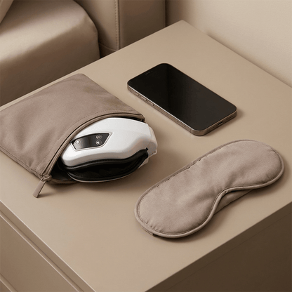 White eye massager device resting on a nightstand next to a folded sleep mask