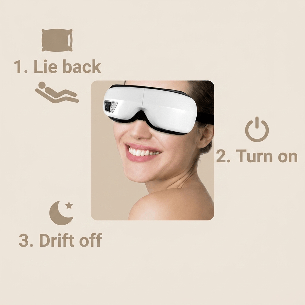 Eye massager usage steps: lie back, turn on, drift off