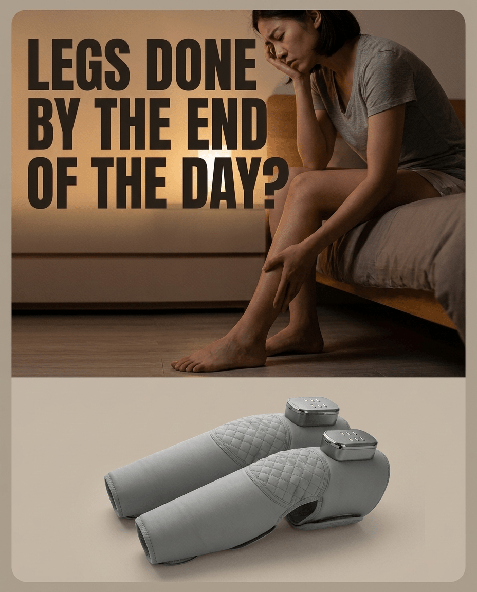 Tired woman sitting on edge of bed, text overlay "Legs done by the end of the day?" above two grey leg massager sleeves