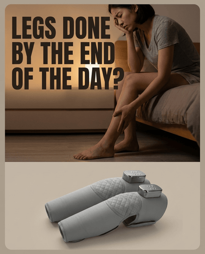 Tired woman sitting on edge of bed, text overlay "Legs done by the end of the day?" above two grey leg massager sleeves