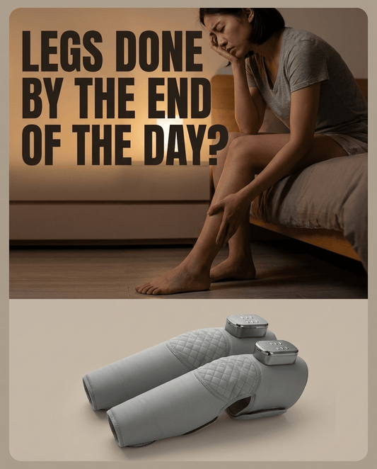 Tired woman sitting on edge of bed, text overlay "Legs done by the end of the day?" above two grey leg massager sleeves