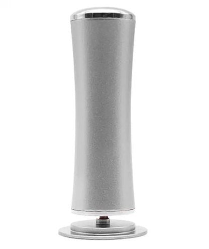Grey electric foot file standing upright, front view
