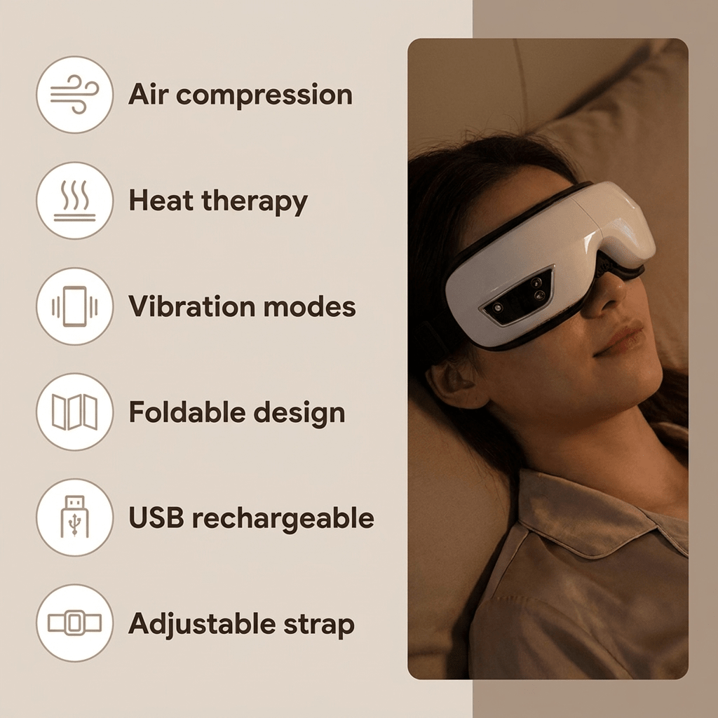 Feature icons for the eye massager: air compression, heat therapy, vibration modes, foldable design, USB rechargeable, adjustable strap, alongside a woman wearing the device
