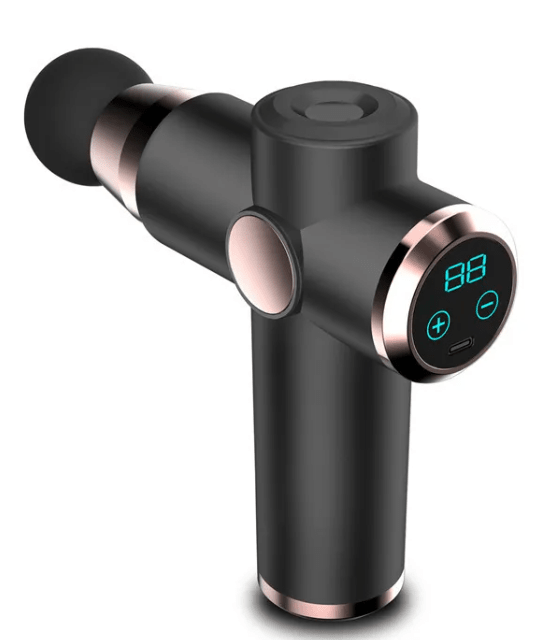 Black massage gun with digital display, front angle