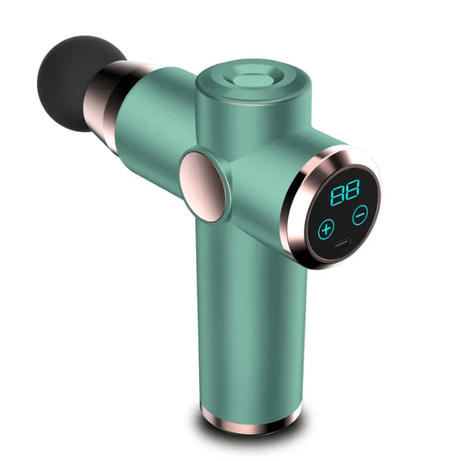 Teal massage gun with digital display, front angle