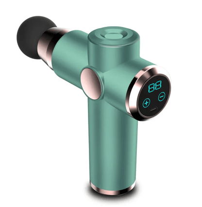 Teal massage gun with digital display, front angle
