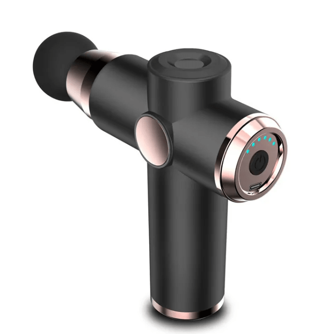 Black massage gun with digital display, side angle