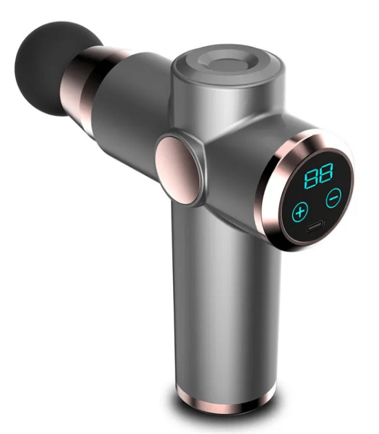Grey massage gun with digital display, side angle