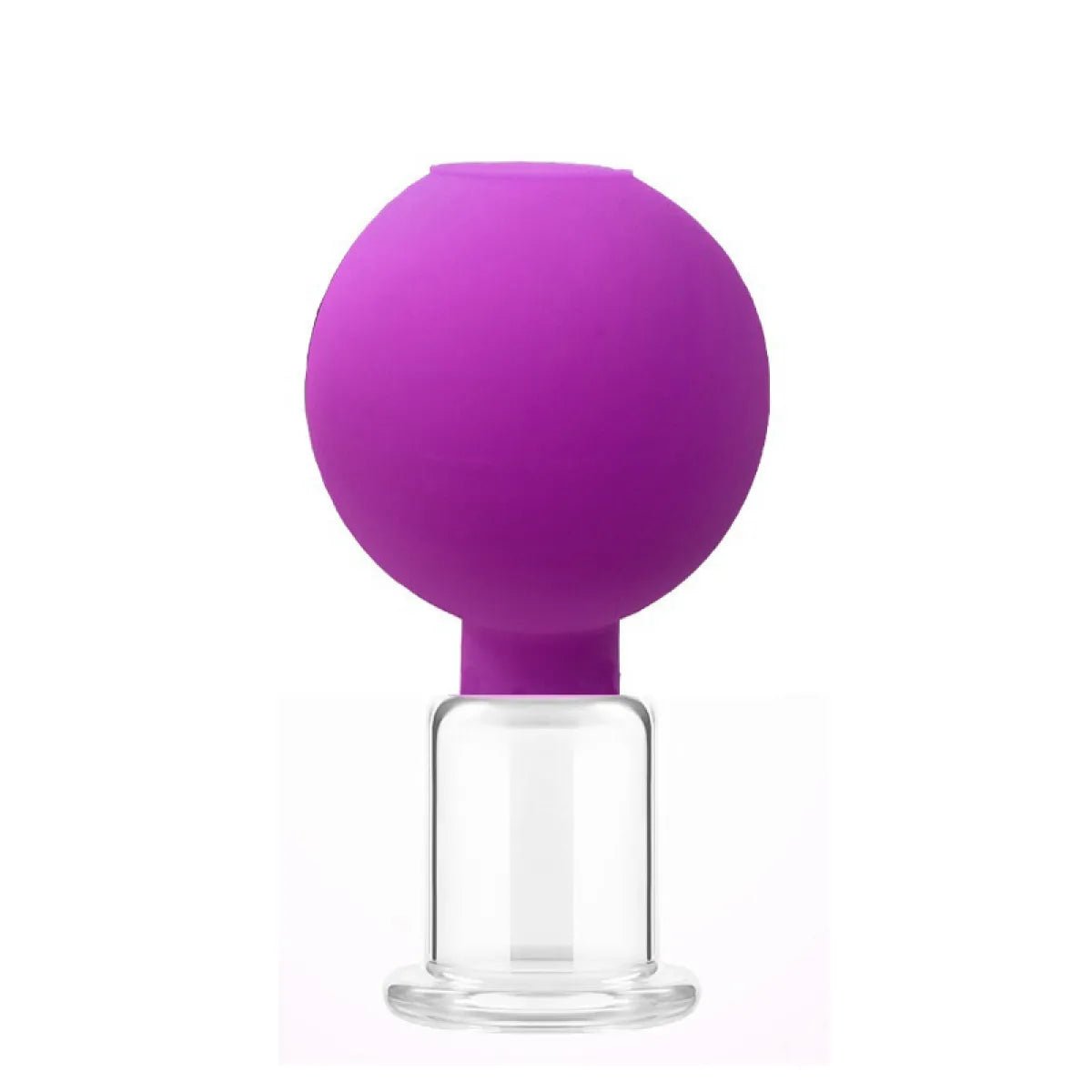 Purple silicone cupping tool with glass base, standing upright