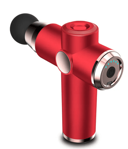 Red massage gun with rounded attachment head, front angle